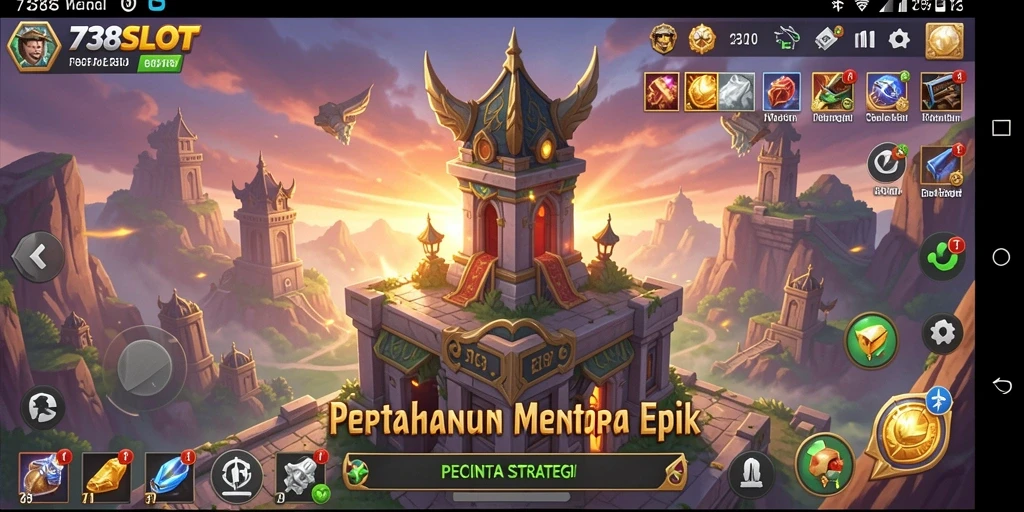 Screenshot utama 738SLOT menampilkan aksi menara pertahanan yang intens.