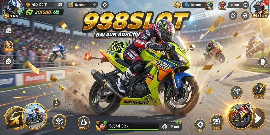 Screenshot gameplay 988SLOT menampilkan aksi balapan motor yang cepat dan mendebarkan.
