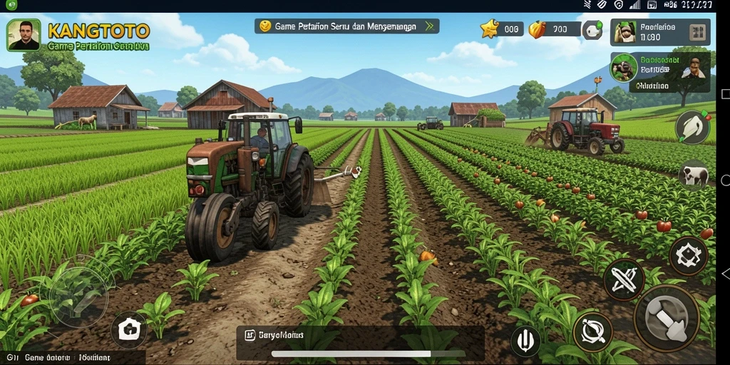 Gameplay seru KANGTOTO menampilkan kebun yang indah dan hewan ternak.