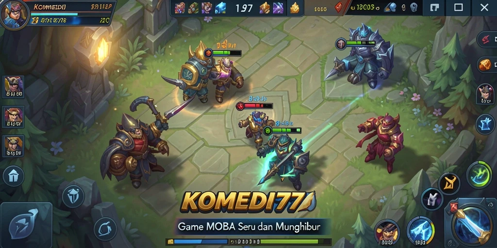 Tampilan seru dari gameplay KOMEDI77 dalam mode MOBA yang unik.