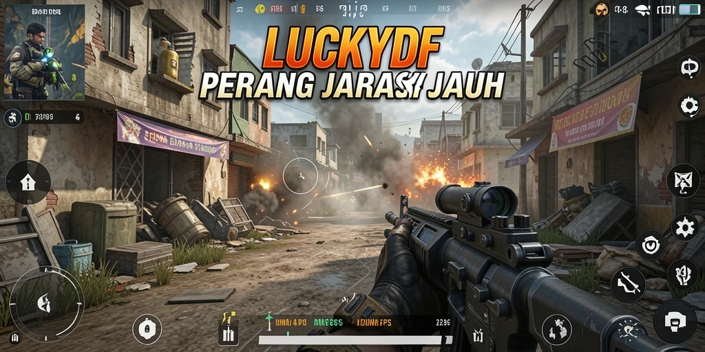 Tampilan gameplay intens dalam LUCKYDF, melawan musuh di medan perang.
