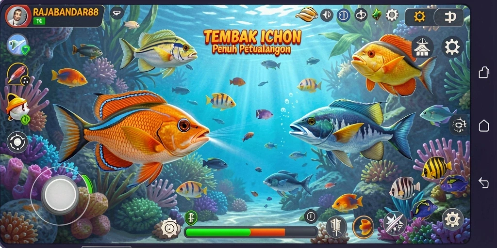 Screenshot menunjukkan aksi seru menembak ikan dalam RAJABANDAR88.