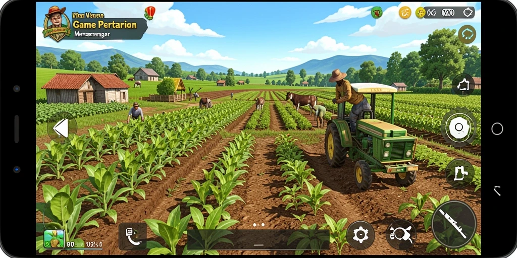 Tangkapan layar gameplay VV62 menampilkan lahan pertanian yang luas dan beragam tanaman.