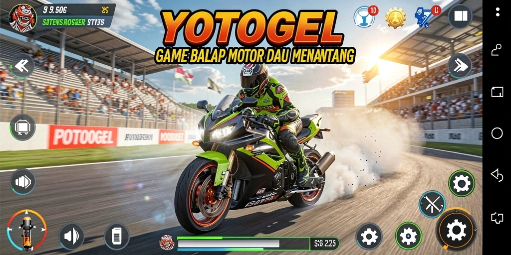Screenshot YOTOGEL menampilkan aksi balap motor yang mendebarkan dan trek yang beragam.